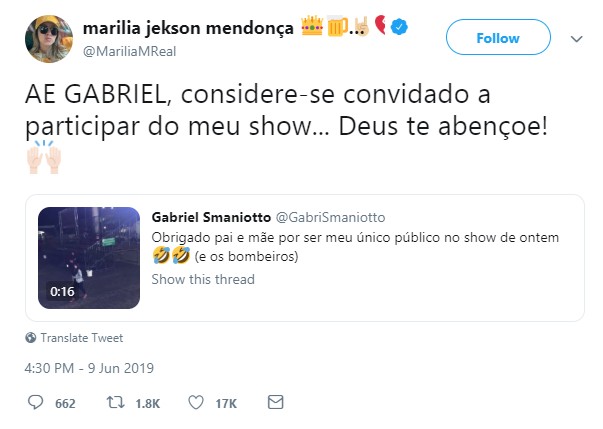 Marília Mendonça convida Gabriel para show (Foto: Twitter/Reprodução)